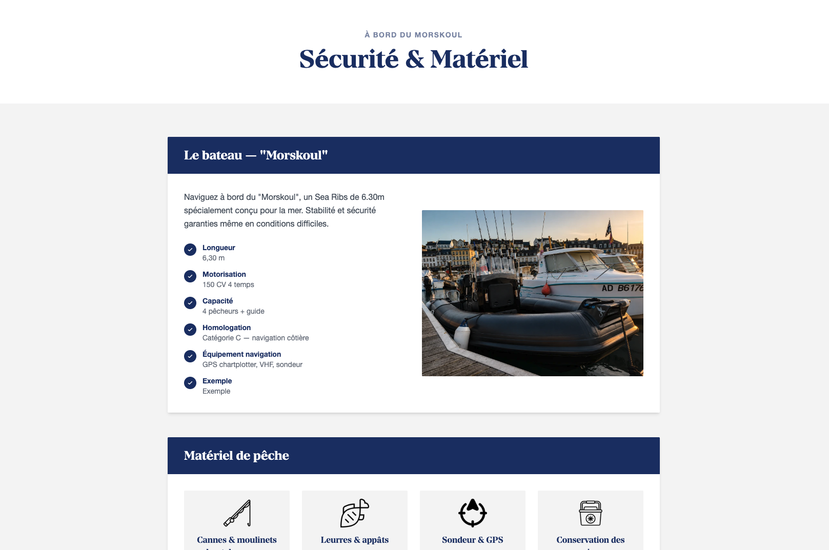 Page Sécurité et Matériel du site Audierne Fishing présentant le bateau Morskoul et les équipements