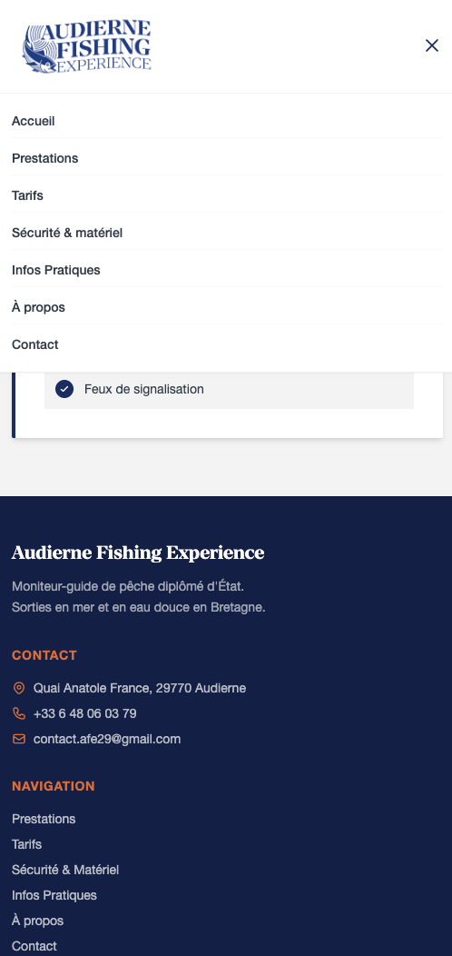 Menu mobile et footer du site Audierne Fishing Experience avec coordonnées et navigation