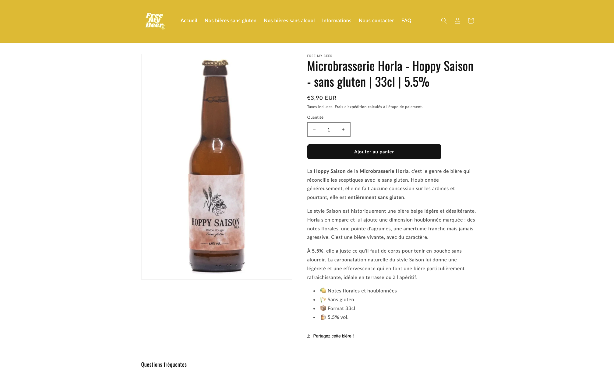 Fiche produit Hoppy Saison de la Microbrasserie Horla, bière sans gluten 5,5% sur Free My Beer