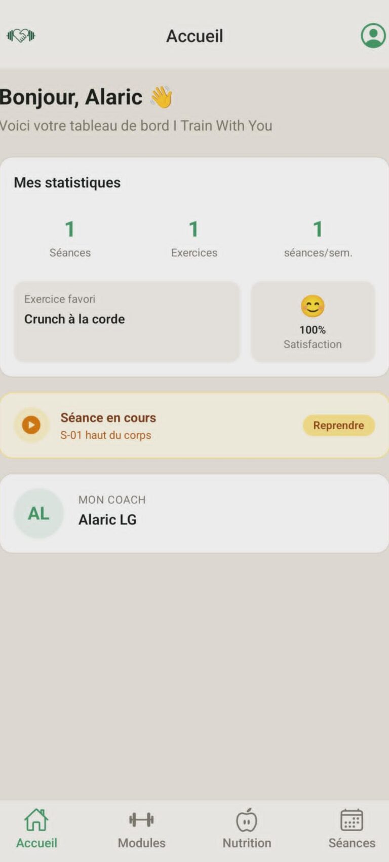 Vue accueil client de l'application mobile I Train With You avec statistiques et séance en cours