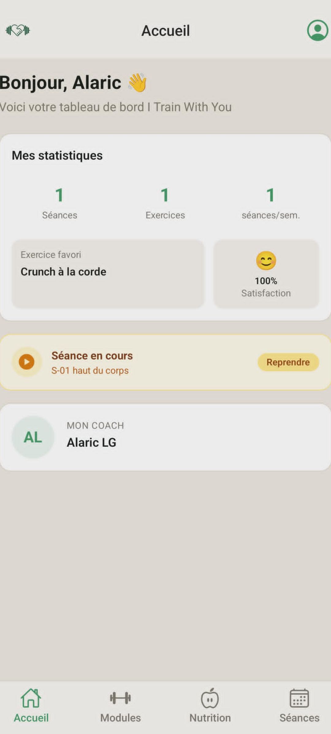Vue accueil client de l'application mobile I Train With You avec statistiques et séance en cours