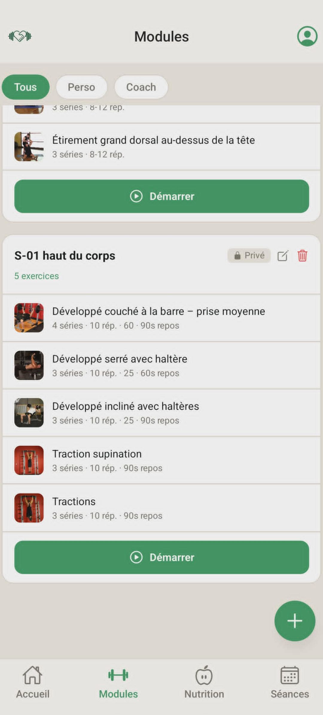 Page modules d'entraînement de l'application mobile I Train With You