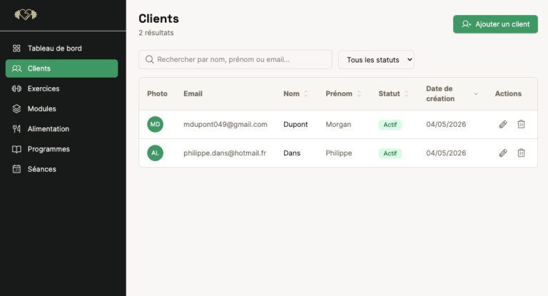 Liste des clients dans l'interface coach de l'application I Train With You
