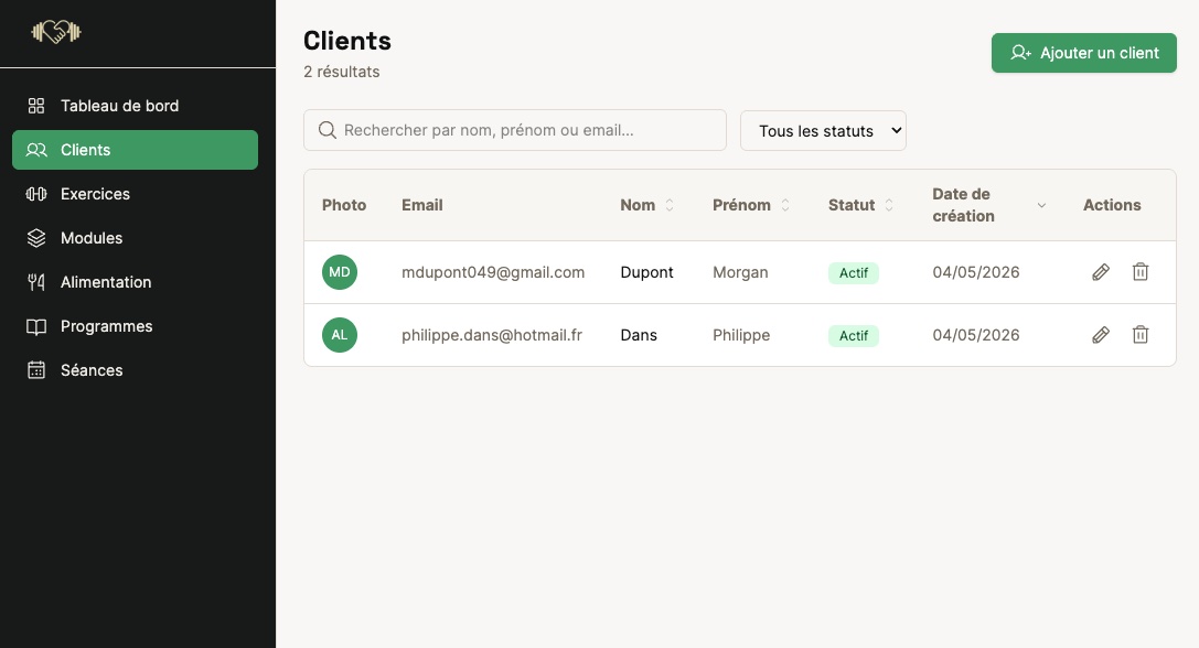 Liste des clients dans l'interface coach de l'application I Train With You