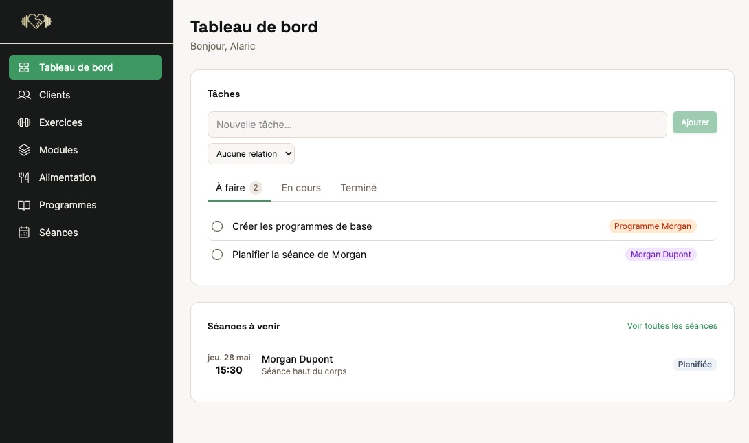 Tableau de bord coach de l'application I Train With You avec gestion des tâches et séances