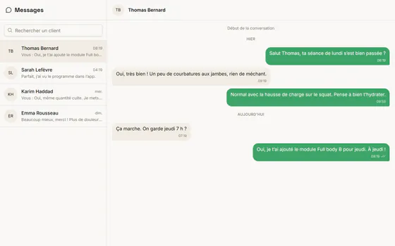 I train with you, intégration d'une messagerie client coach